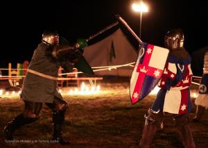 Knights fighting at night with fire in the background